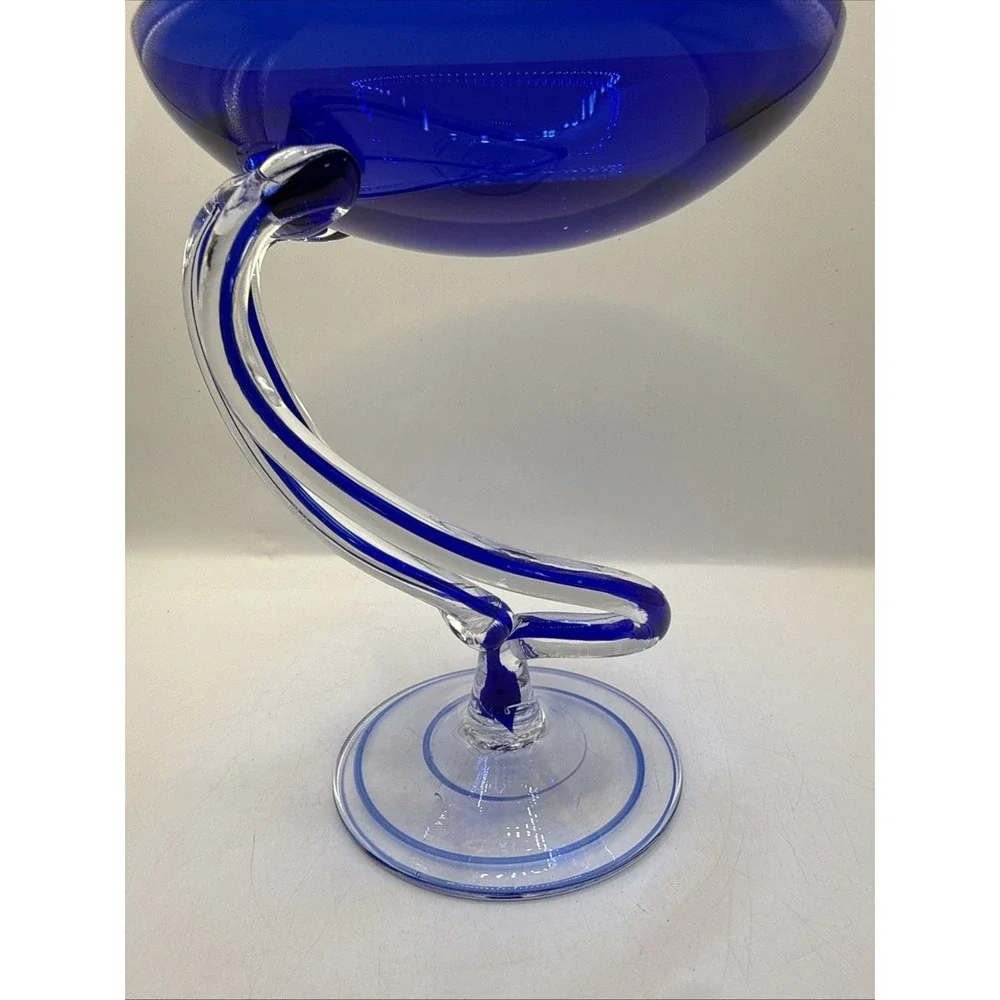 Vintage Jozefina Krosno Poland Cobalt & Clear Art Glass Pedestal 6.75